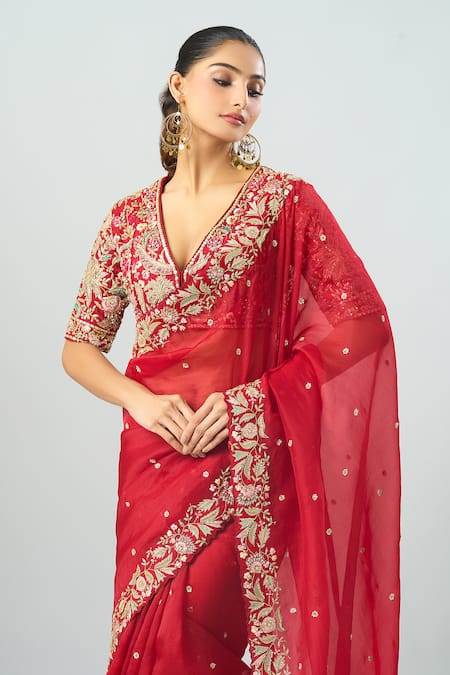 Azeera Red Sequins, Beads, Embroidery V-neck Saree With Blouse at Aza Fashions Azeera_Red Sequins, Beads, Embroidery V-neck Saree With Blouse_at_Aza_Fashions