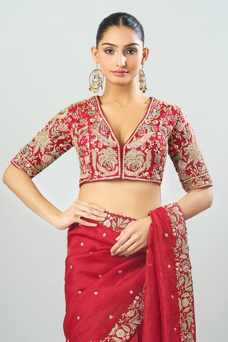 Buy Azeera Red Sequins, Beads, Embroidery V-neck Saree With Blouse Buy_Azeera_Red Sequins, Beads, Embroidery V-neck Saree With Blouse