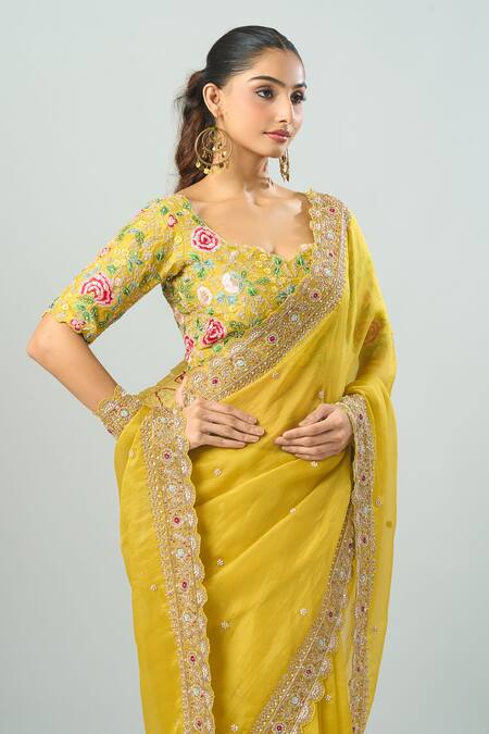 Azeera Yellow Chiffon Embroidery, Sequins, Beads Open Neck Floral Saree And Blouse Set Online at Aza Fashions Azeera_Yellow Chiffon Embroidery, Sequins, Beads Open Neck Floral Saree And Blouse Set _Online_at_Aza_Fashions
