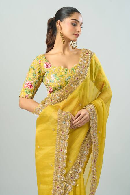 Buy Azeera Yellow Chiffon Embroidery, Sequins, Beads Open Neck Floral Saree And Blouse Set Online at Aza Fashions Buy_Azeera_Yellow Chiffon Embroidery, Sequins, Beads Open Neck Floral Saree And Blouse Set _Online_at_Aza_Fashions