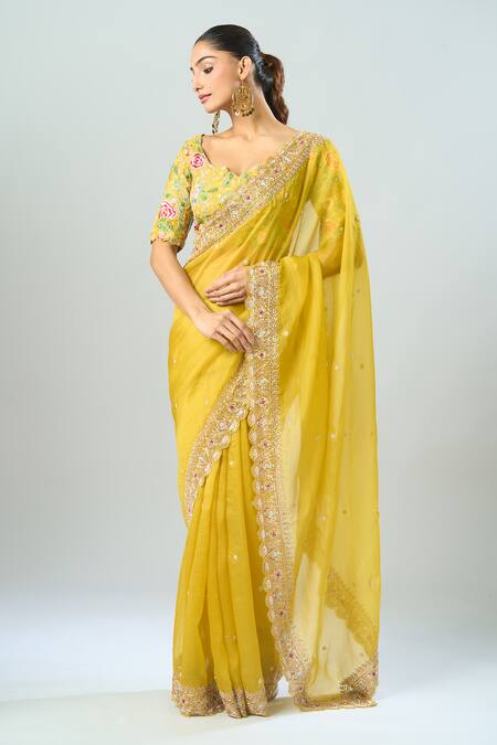 Shop Azeera Yellow Chiffon Embroidery, Sequins, Beads Open Neck Floral Saree And Blouse Set Online at Aza Fashions Shop_Azeera_Yellow Chiffon Embroidery, Sequins, Beads Open Neck Floral Saree And Blouse Set _Online_at_Aza_Fashions