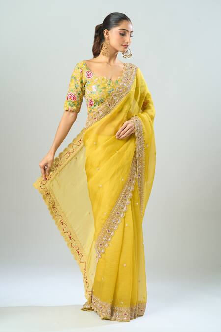 Azeera Yellow Chiffon Embroidery, Sequins, Beads Open Neck Floral Saree And Blouse Set at Aza Fashions Azeera_Yellow Chiffon Embroidery, Sequins, Beads Open Neck Floral Saree And Blouse Set _at_Aza_Fashions