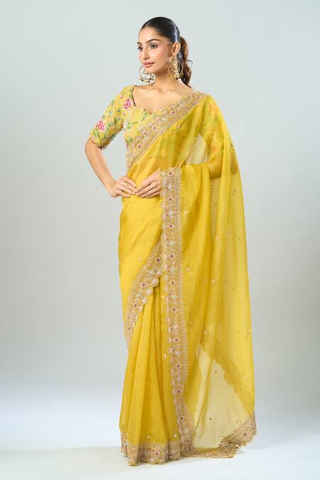 Buy Azeera Yellow Chiffon Embroidery, Sequins, Beads Open Neck Floral Saree And Blouse Set Buy_Azeera_Yellow Chiffon Embroidery, Sequins, Beads Open Neck Floral Saree And Blouse Set