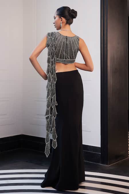 Charu And Vasundhara Black Sequin & Bead Embroidered Saree Set 