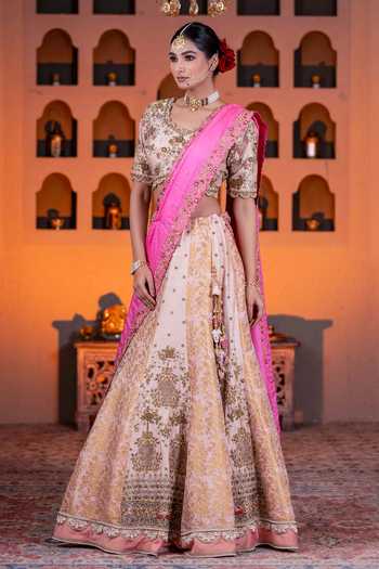 Shop Nidhi Kejriwal Cream Silk, Brocade, Tussar, Chiffon Zardozi Embroidered Pink Lehenga Set Online at Aza Fashions Shop_Nidhi Kejriwal_Cream Silk, Brocade, Tussar, Chiffon Zardozi Embroidered Pink Lehenga Set _Online_at_Aza_Fashions