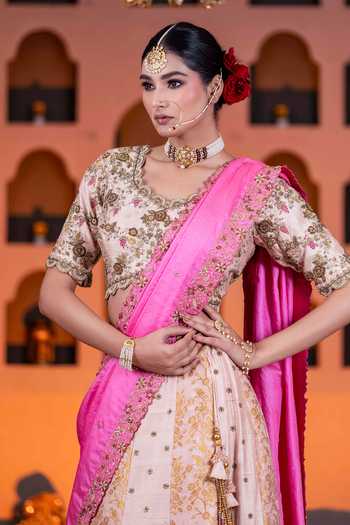 Buy Nidhi Kejriwal Cream Silk, Brocade, Tussar, Chiffon Zardozi Embroidered Pink Lehenga Set Buy_Nidhi Kejriwal_Cream Silk, Brocade, Tussar, Chiffon Zardozi Embroidered Pink Lehenga Set