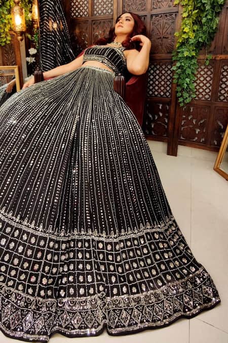 Shop Amaltas Couture Black Organza Sequins, Cut Work, Beads Cutdana Embroidered Lehenga Set Online at Aza Fashions Shop_Amaltas Couture_Black Organza Sequins, Cut Work, Beads Cutdana Embroidered Lehenga Set _Online_at_Aza_Fashions