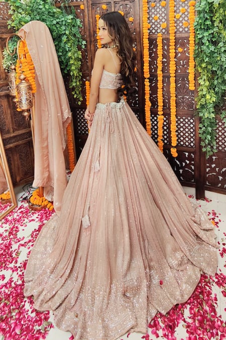 Shop_Amaltas Couture_Pink Organza Sequins, Cut Work, Beads Cutdana And Embroidered Lehenga Set _at_Aza_Fashions