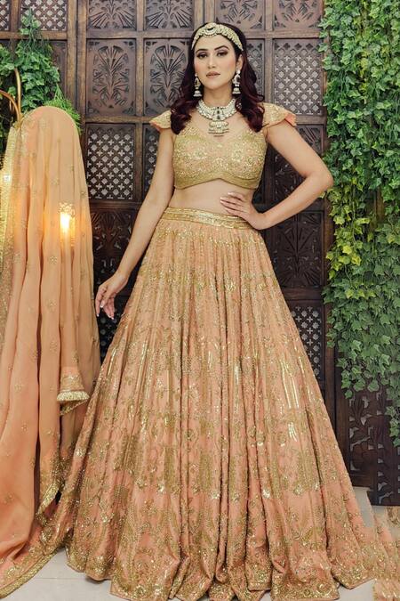 Amaltas Couture_Peach Tissue Cut Work, Sequins, Beads, Mirrors Cutdana Embroidered Lehenga Set _Online_at_Aza_Fashions