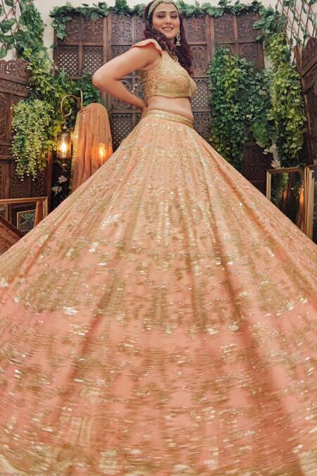 Buy_Amaltas Couture_Peach Tissue Cut Work, Sequins, Beads, Mirrors Cutdana Embroidered Lehenga Set _Online_at_Aza_Fashions