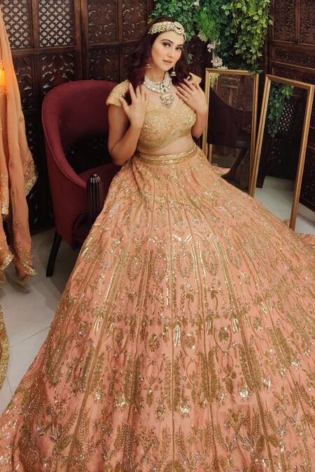 Shop_Amaltas Couture_Peach Tissue Cut Work, Sequins, Beads, Mirrors Cutdana Embroidered Lehenga Set _Online_at_Aza_Fashions