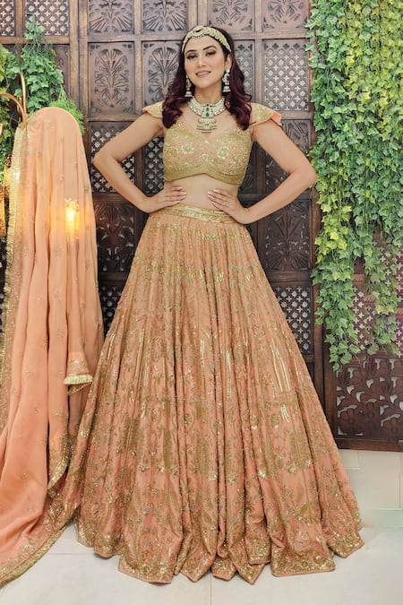 Shop_Amaltas Couture_Peach Tissue Cut Work, Sequins, Beads, Mirrors Cutdana Embroidered Lehenga Set _at_Aza_Fashions