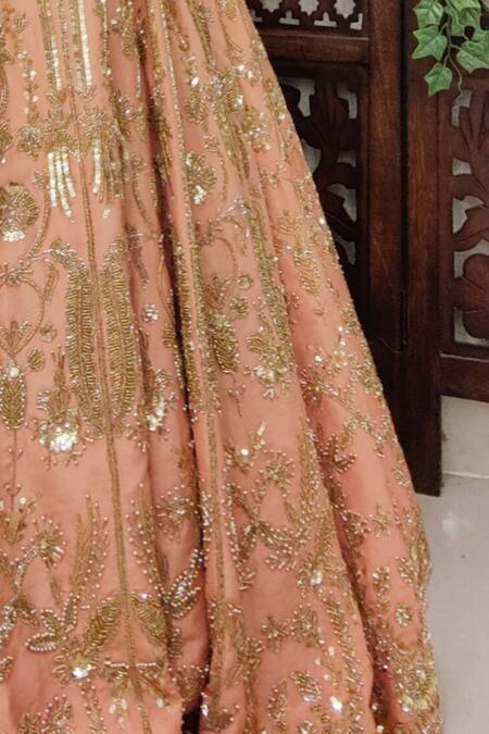 Amaltas Couture_Peach Tissue Cut Work, Sequins, Beads, Mirrors Cutdana Embroidered Lehenga Set _at_Aza_Fashions