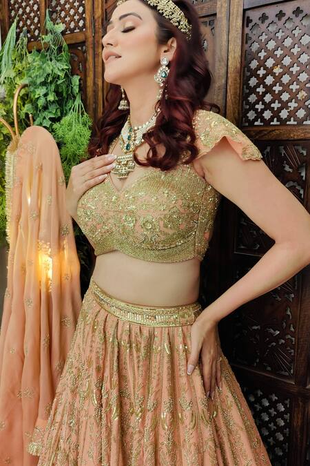 Buy_Amaltas Couture_Peach Tissue Cut Work, Sequins, Beads, Mirrors Cutdana Embroidered Lehenga Set 