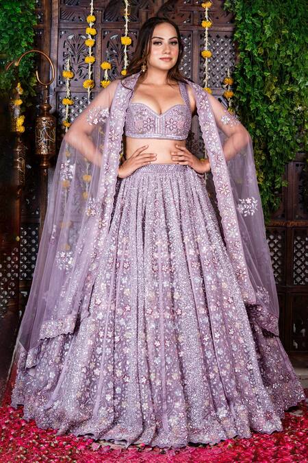 Shop Amaltas Couture Purple Net Beads, Cut Work, Sequins Sweetheart Embroidered Cutdana Lehenga Set at Aza Fashions Shop_Amaltas Couture_Purple Net Beads, Cut Work, Sequins Sweetheart Embroidered Cutdana Lehenga Set _at_Aza_Fashions