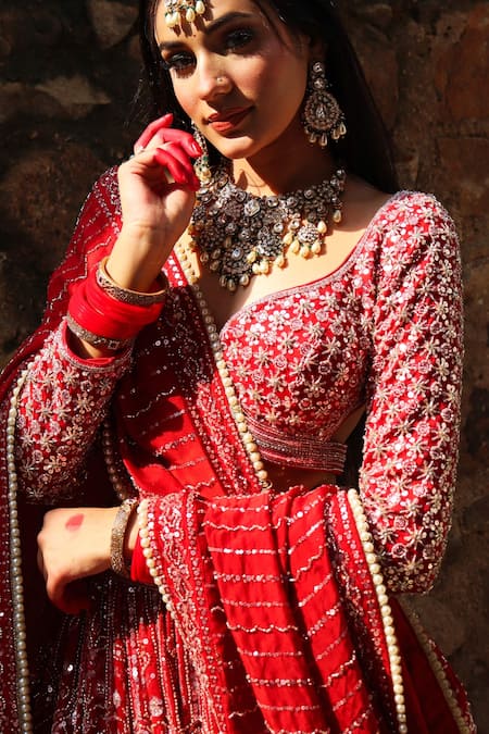 Buy Amaltas Couture Red Organza Cut Work, Beads, Sequins, Pearls Embroidered Cutdana Lehenga Set Online at Aza Fashions Buy_Amaltas Couture_Red Organza Cut Work, Beads, Sequins, Pearls Embroidered Cutdana Lehenga Set _Online_at_Aza_Fashions