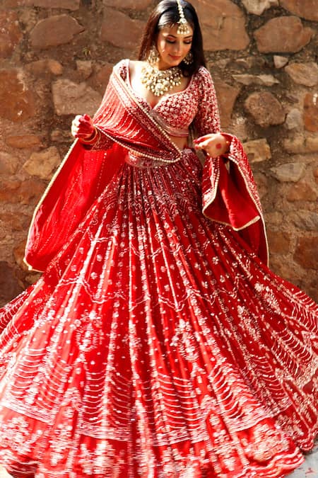 Amaltas Couture Red Organza Cut Work, Beads, Sequins, Pearls Embroidered Cutdana Lehenga Set at Aza Fashions Amaltas Couture_Red Organza Cut Work, Beads, Sequins, Pearls Embroidered Cutdana Lehenga Set _at_Aza_Fashions