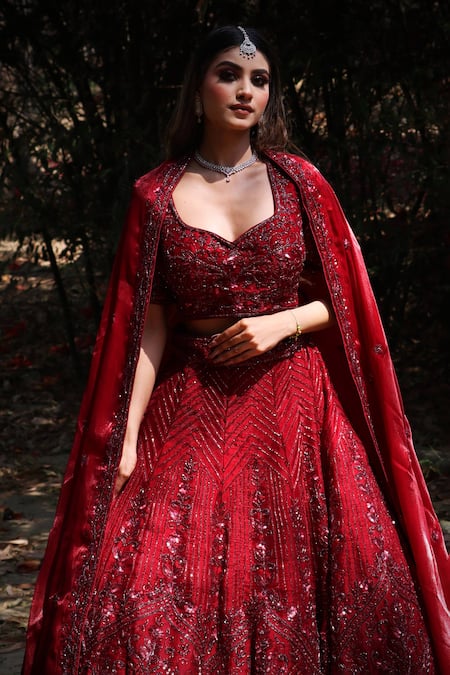 Amaltas Couture_Maroon Organza Beads, Sequins, Pearls Sweetheart Neck Embroidered Lehenga Set _Online_at_Aza_Fashions