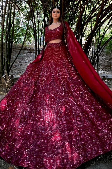 Shop_Amaltas Couture_Maroon Organza Beads, Sequins, Pearls Sweetheart Neck Embroidered Lehenga Set _Online_at_Aza_Fashions