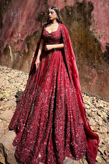 Buy_Amaltas Couture_Maroon Organza Beads, Sequins, Pearls Sweetheart Neck Embroidered Lehenga Set 