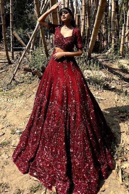 Shop_Amaltas Couture_Maroon Organza Beads, Sequins, Pearls Sweetheart Neck Embroidered Lehenga Set 
