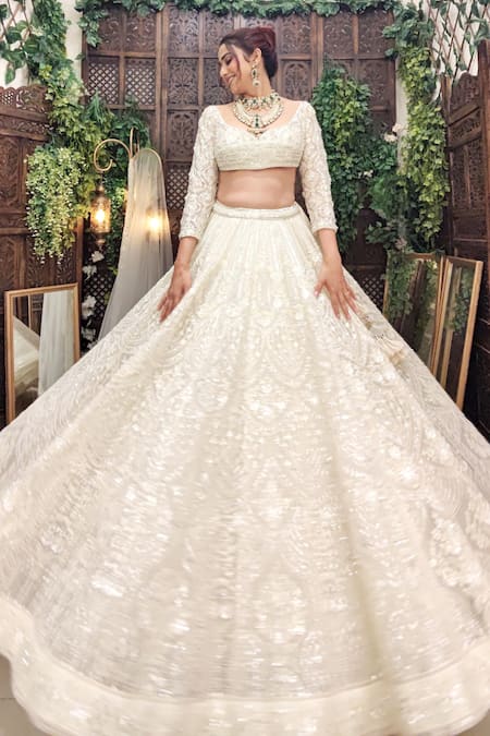 Shop_Amaltas Couture_Off White Net Diamonds, Embroidery, Sequins, Cut Cutdana Bridal Lehenga Set _Online_at_Aza_Fashions