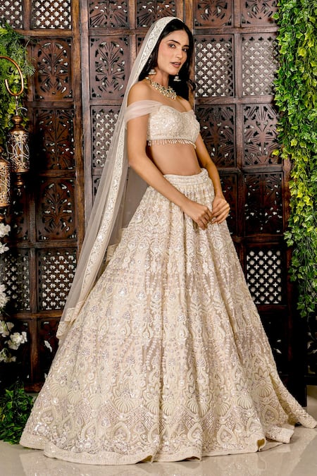 Shop_Amaltas Couture_Off White Net Sequins, Beads, Cut Work Floral Dori Embroidered Lehenga Set _Online_at_Aza_Fashions