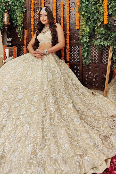 Shop Amaltas Couture Ivory Net Sequins, Metallic Thread, Resham And Moti Floral Embroidered Lehenga Set at Aza Fashions Shop_Amaltas Couture_Ivory Net Sequins, Metallic Thread, Resham And Moti Floral Embroidered Lehenga Set _at_Aza_Fashions