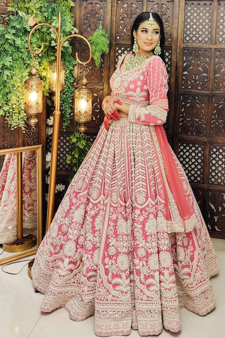 Shop Amaltas Couture Pink Net Beads, Cut Work, Sequins, Embroidery Asymmetric Flamingo Lehenga Set at Aza Fashions Shop_Amaltas Couture_Pink Net Beads, Cut Work, Sequins, Embroidery Asymmetric Flamingo Lehenga Set _at_Aza_Fashions