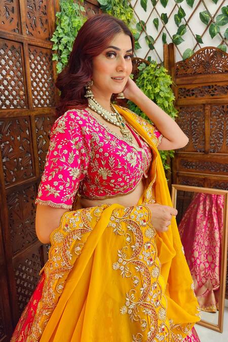 Amaltas Couture Pink Silk, Organza Embroidery, Beads, Diamonds V-neck Lehenga Set Online at Aza Fashions Amaltas Couture_Pink Silk, Organza Embroidery, Beads, Diamonds V-neck Lehenga Set _Online_at_Aza_Fashions