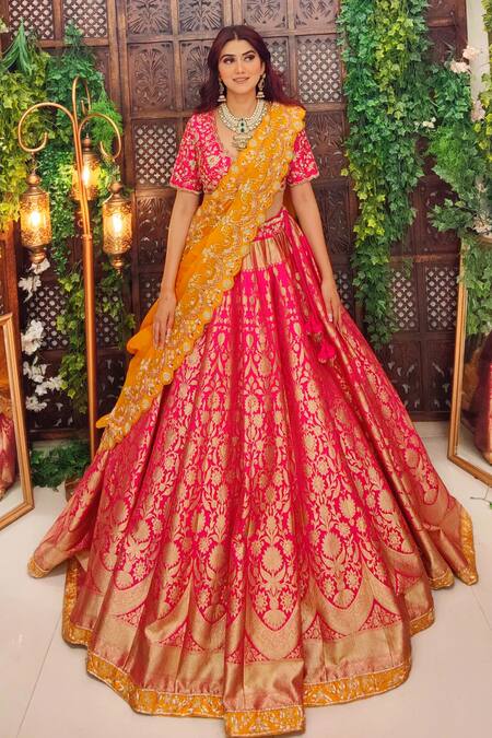 Buy Amaltas Couture Pink Silk, Organza Embroidery, Beads, Diamonds V-neck Lehenga Set Online at Aza Fashions Buy_Amaltas Couture_Pink Silk, Organza Embroidery, Beads, Diamonds V-neck Lehenga Set _Online_at_Aza_Fashions