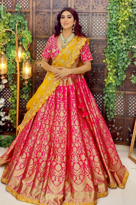 Shop Amaltas Couture Pink Silk, Organza Embroidery, Beads, Diamonds V-neck Lehenga Set at Aza Fashions Shop_Amaltas Couture_Pink Silk, Organza Embroidery, Beads, Diamonds V-neck Lehenga Set _at_Aza_Fashions