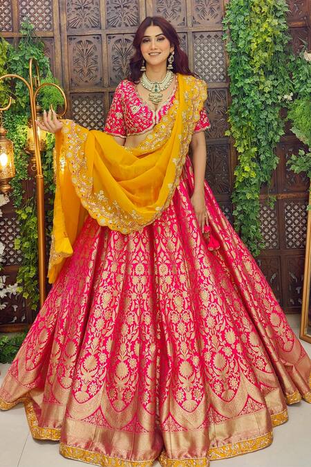 Amaltas Couture Pink Silk, Organza Embroidery, Beads, Diamonds V-neck Lehenga Set at Aza Fashions Amaltas Couture_Pink Silk, Organza Embroidery, Beads, Diamonds V-neck Lehenga Set _at_Aza_Fashions