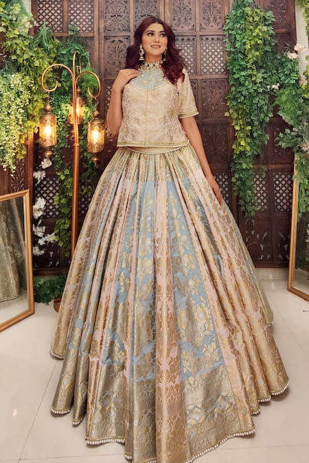 Shop Amaltas Couture Beige Silk, Kota Doria Pearls, Embroidery Multi Color Floral Woven Lehenga Set at Aza Fashions Shop_Amaltas Couture_Beige Silk, Kota Doria Pearls, Embroidery Multi Color Floral Woven Lehenga Set _at_Aza_Fashions