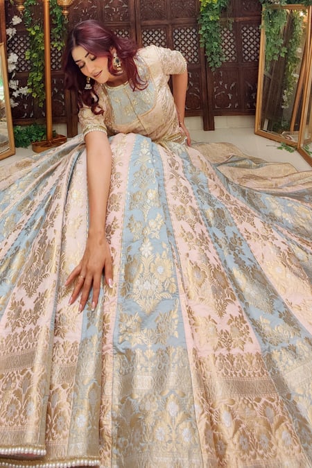 Buy Amaltas Couture Beige Silk, Kota Doria Pearls, Embroidery Multi Color Floral Woven Lehenga Set Online at Aza Fashions Buy_Amaltas Couture_Beige Silk, Kota Doria Pearls, Embroidery Multi Color Floral Woven Lehenga Set _Online_at_Aza_Fashions