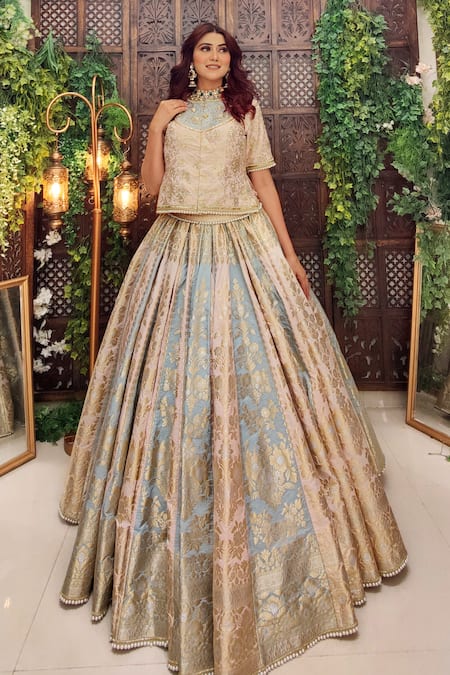 Shop Amaltas Couture Beige Silk, Kota Doria Pearls, Embroidery Multi Color Floral Woven Lehenga Set Online at Aza Fashions Shop_Amaltas Couture_Beige Silk, Kota Doria Pearls, Embroidery Multi Color Floral Woven Lehenga Set _Online_at_Aza_Fashions