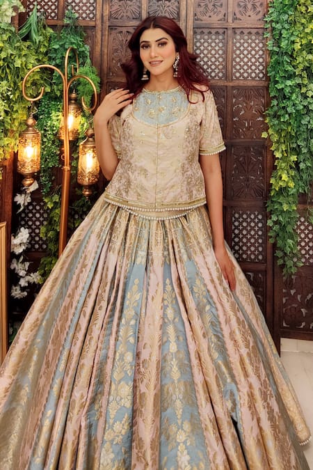 Amaltas Couture Beige Silk, Kota Doria Pearls, Embroidery Multi Color Floral Woven Lehenga Set at Aza Fashions Amaltas Couture_Beige Silk, Kota Doria Pearls, Embroidery Multi Color Floral Woven Lehenga Set _at_Aza_Fashions