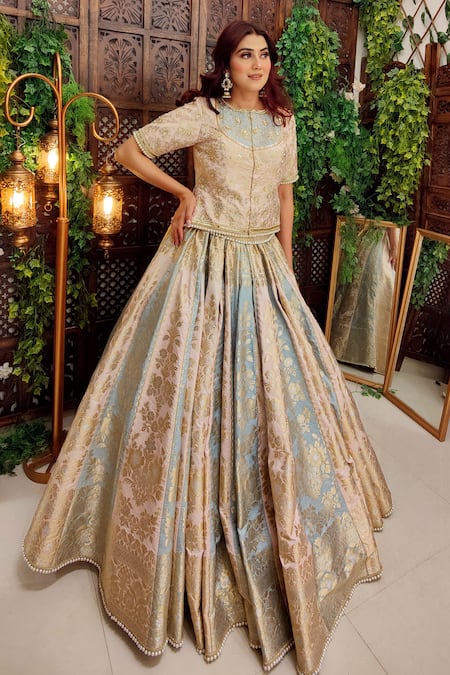 Buy Amaltas Couture Beige Silk, Kota Doria Pearls, Embroidery Multi Color Floral Woven Lehenga Set Buy_Amaltas Couture_Beige Silk, Kota Doria Pearls, Embroidery Multi Color Floral Woven Lehenga Set