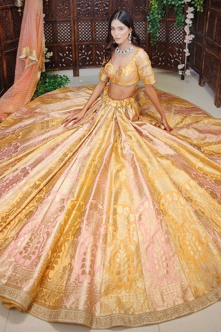 Amaltas Couture_Gold Silk Organza Cut Work, Embroidery Floral Woven Panelled Lehenga Set _Online_at_Aza_Fashions