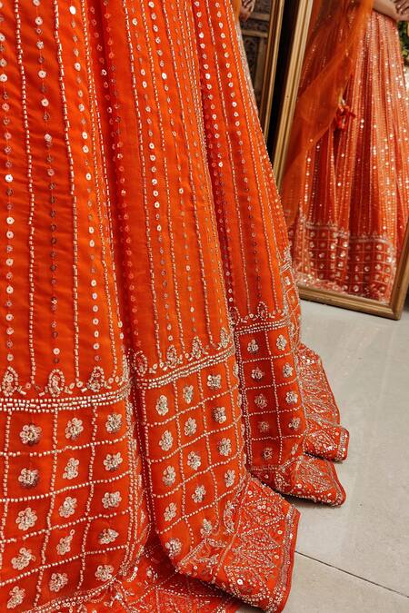 Amaltas Couture_Orange Organza Cut Work, Sequins Sweetheart And Cutdana Embroidered Lehenga Set _Online_at_Aza_Fashions