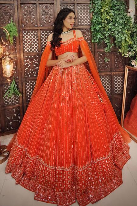 Buy_Amaltas Couture_Orange Organza Cut Work, Sequins Sweetheart And Cutdana Embroidered Lehenga Set _Online_at_Aza_Fashions