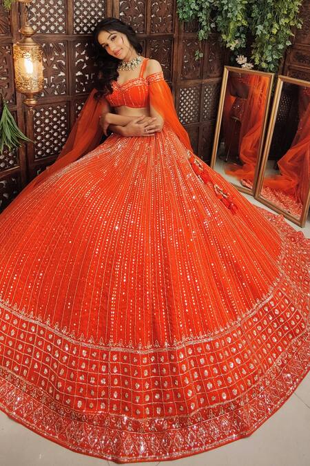 Shop_Amaltas Couture_Orange Organza Cut Work, Sequins Sweetheart And Cutdana Embroidered Lehenga Set _Online_at_Aza_Fashions