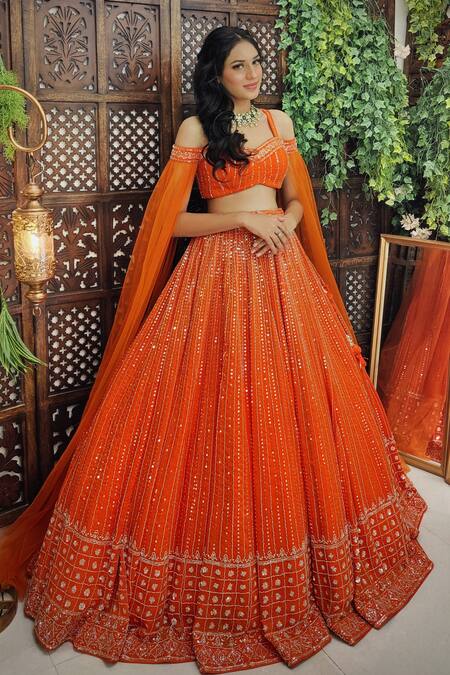 Amaltas Couture_Orange Organza Cut Work, Sequins Sweetheart And Cutdana Embroidered Lehenga Set _at_Aza_Fashions