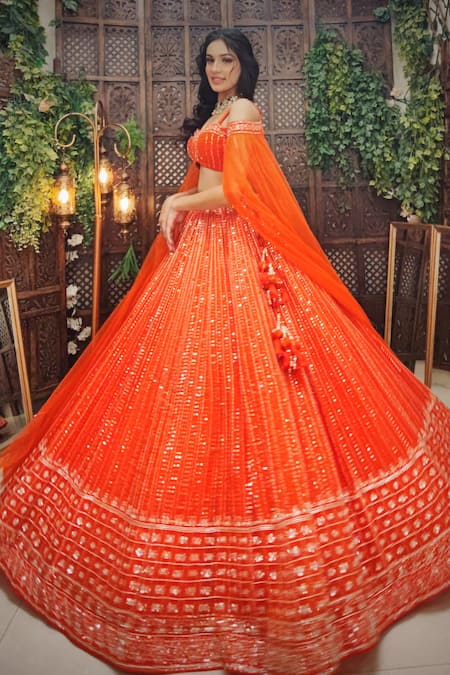 Shop_Amaltas Couture_Orange Organza Cut Work, Sequins Sweetheart And Cutdana Embroidered Lehenga Set _at_Aza_Fashions