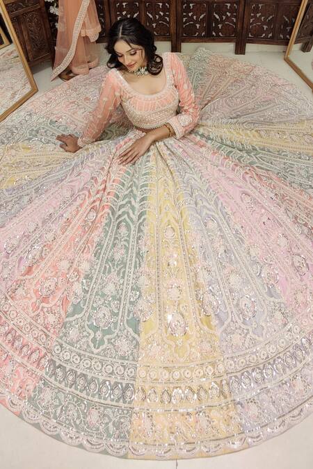 Buy Amaltas Couture Multi Color Net Beads, Cut Work Round Neck Multicolor Embroidered Lehenga Set Online at Aza Fashions Buy_Amaltas Couture_Multi Color Net Beads, Cut Work Round Neck Multicolor Embroidered Lehenga Set _Online_at_Aza_Fashions
