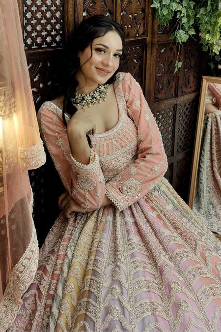 Shop Amaltas Couture Multi Color Net Beads, Cut Work Round Neck Multicolor Embroidered Lehenga Set Online at Aza Fashions Shop_Amaltas Couture_Multi Color Net Beads, Cut Work Round Neck Multicolor Embroidered Lehenga Set _Online_at_Aza_Fashions