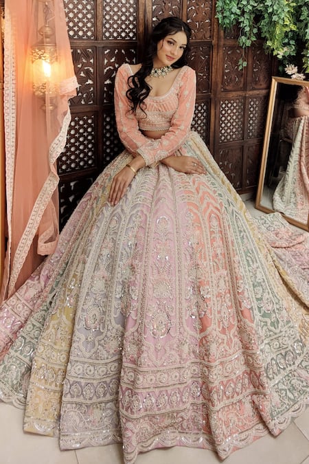 Amaltas Couture Multi Color Net Beads, Cut Work Round Neck Multicolor Embroidered Lehenga Set at Aza Fashions Amaltas Couture_Multi Color Net Beads, Cut Work Round Neck Multicolor Embroidered Lehenga Set _at_Aza_Fashions