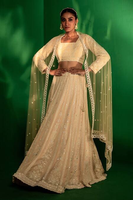 Bandhani_Beige Silk Pearls, Sequins, Beads Square Neck Embroidered Lehenga Set _Online_at_Aza_Fashions
