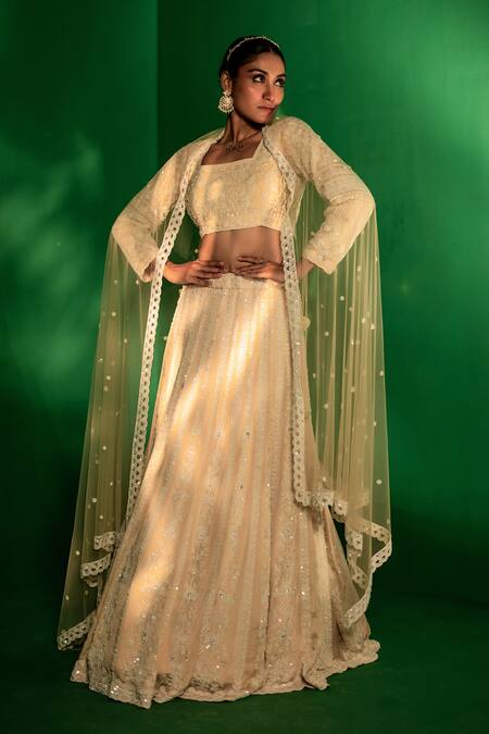 Buy_Bandhani_Beige Silk Pearls, Sequins, Beads Square Neck Embroidered Lehenga Set _Online_at_Aza_Fashions