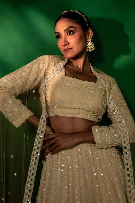 Shop_Bandhani_Beige Silk Pearls, Sequins, Beads Square Neck Embroidered Lehenga Set _Online_at_Aza_Fashions